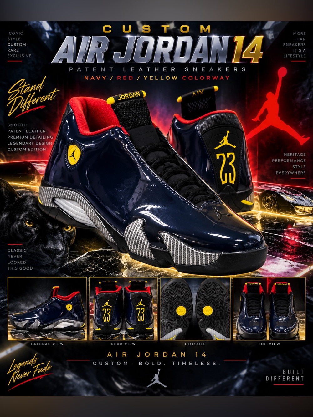 New!🔥Custom Air Jordan 14’s Patent Leather sneakers. Navy/Red/Yellow Colorway!🔥